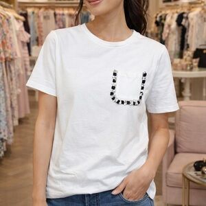 Classic White Pocket T-Shirt with Beaded Sequin Trim